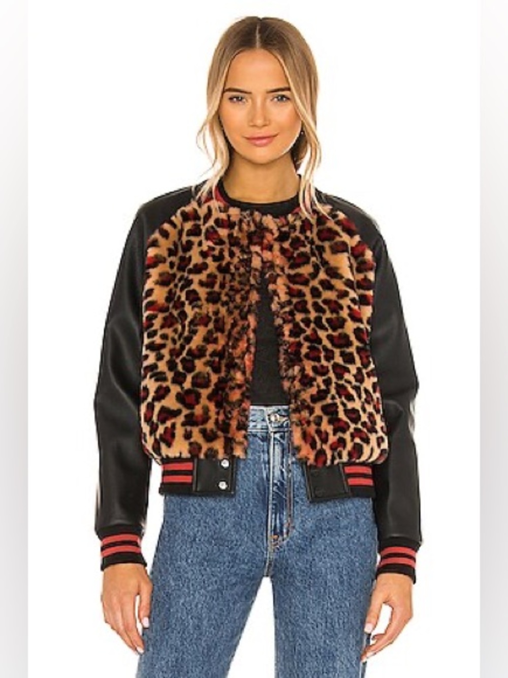 MOTHER Leopard Faux-Fur Bomber Jacket with Black Sleeves